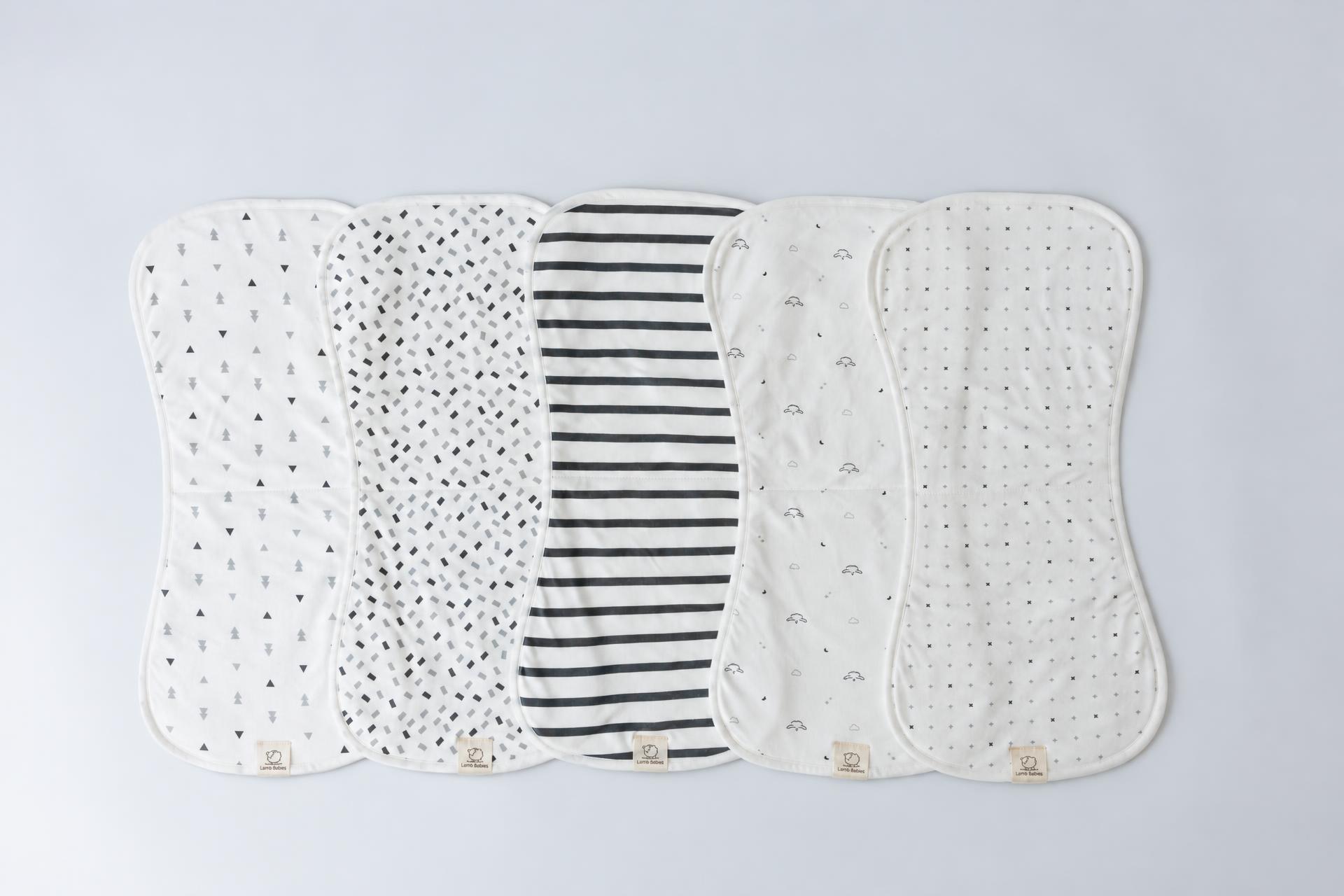 Lamb Babies Posh Burp Cloths pattern 5 pack, all five cloths laid flat