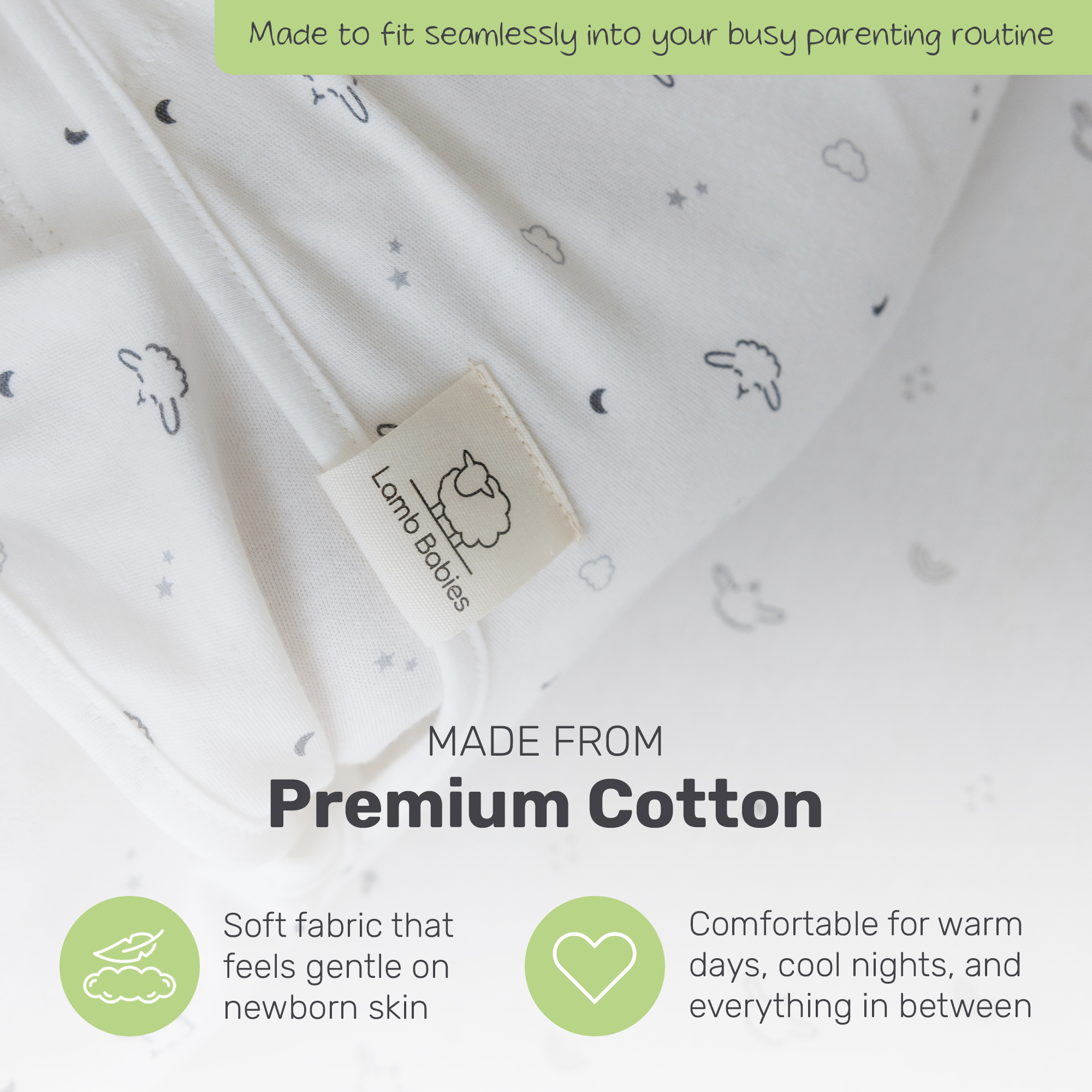 Close-up of the white sheep and moon print fabric with the stitched Lamb Babies label