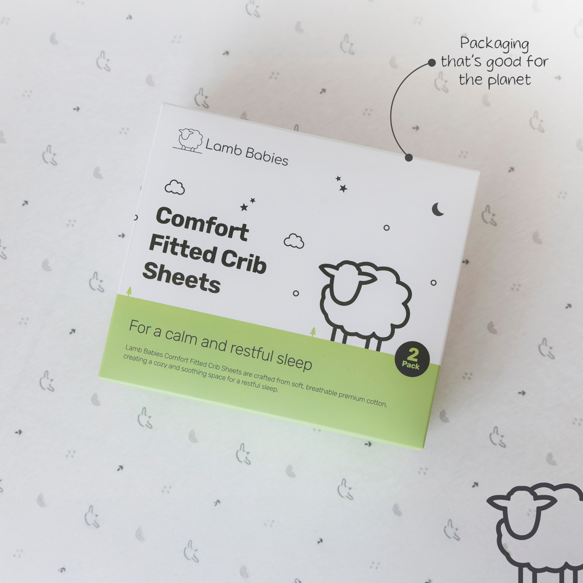 Lamb Babies comfort fitted crib sheets in pattern with their retail box