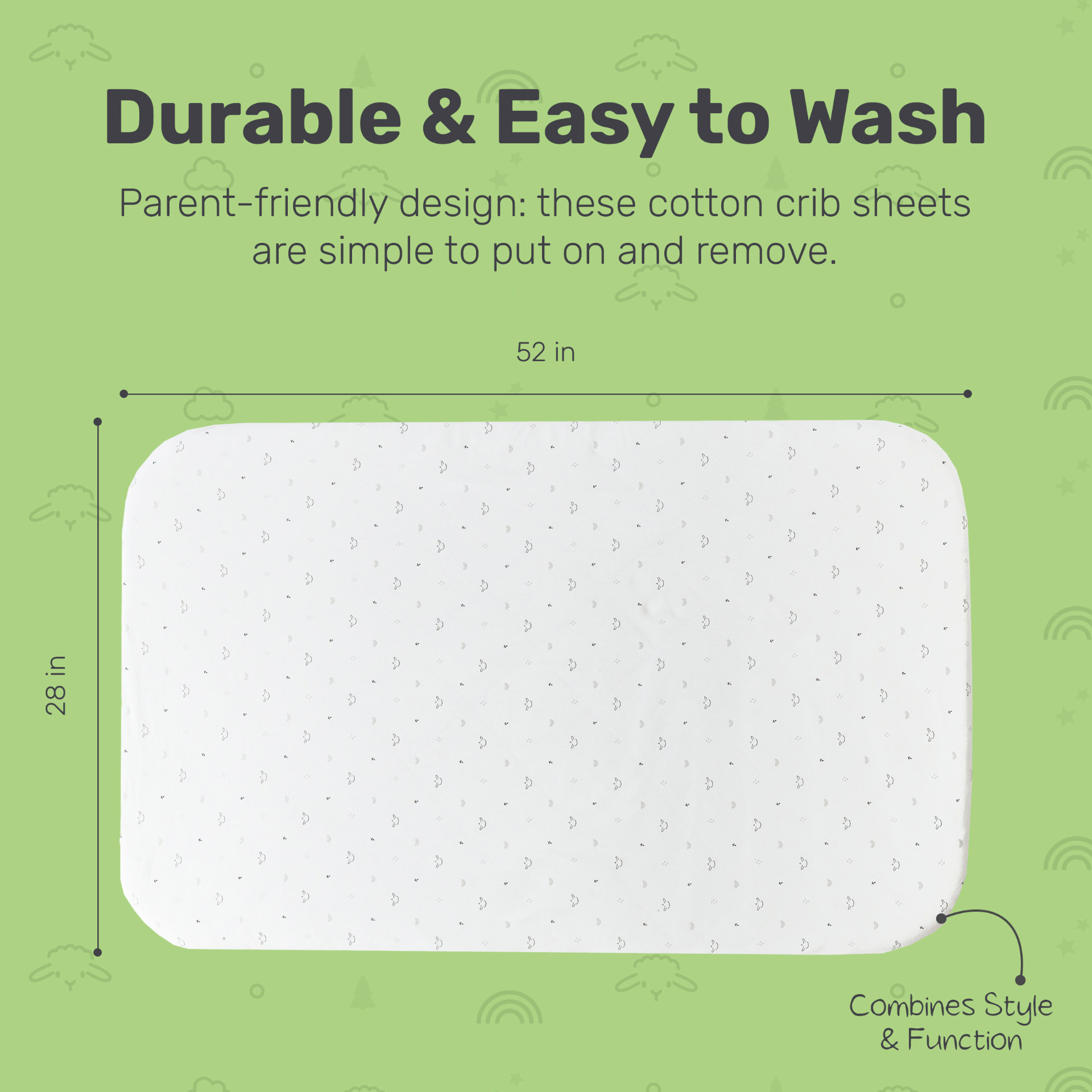 Lamb Babies comfort fitted crib sheet in pattern, flat lay showing the 52 by 28 inch size