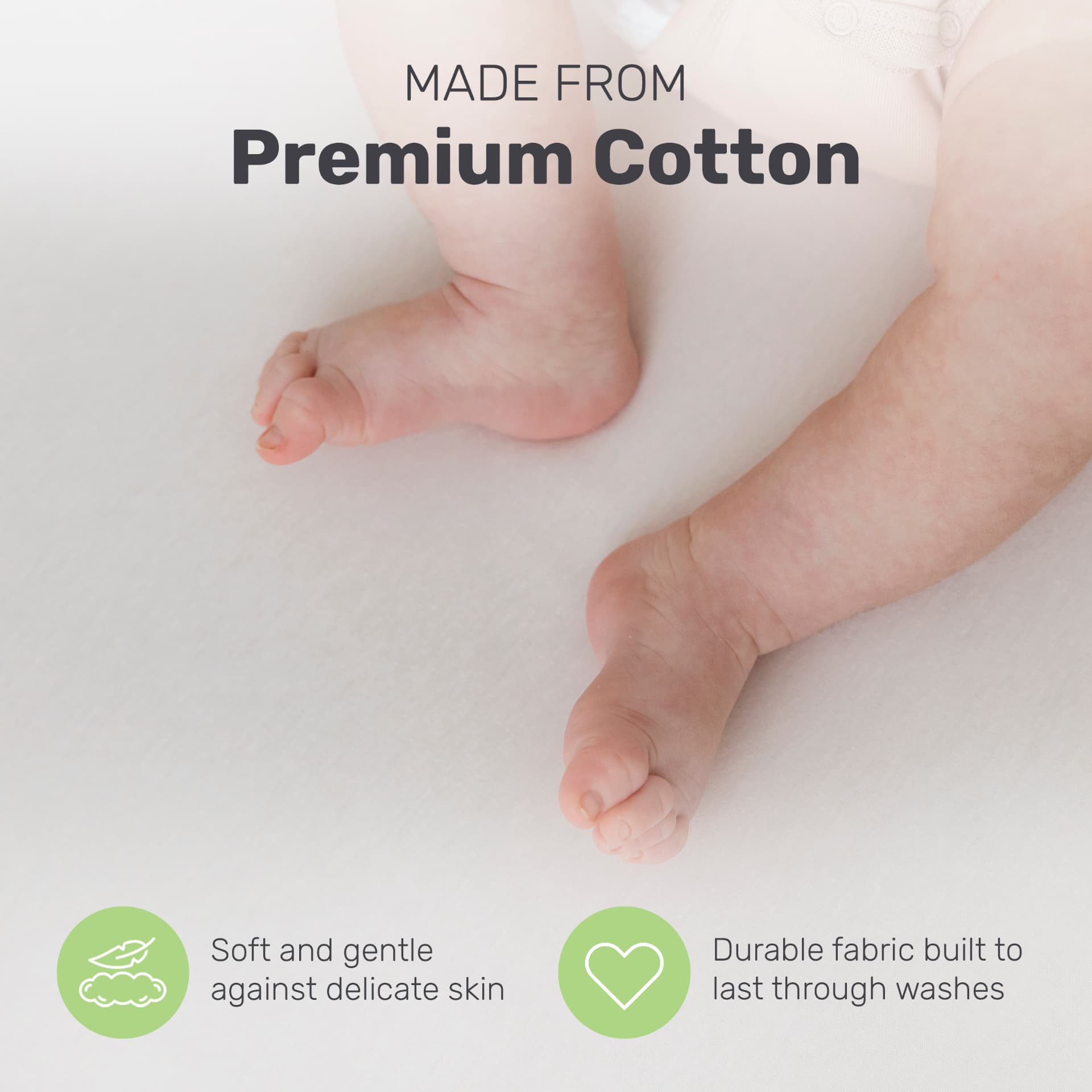 Lamb Babies comfort fitted crib sheet in pattern, close-up of a baby's legs and feet
