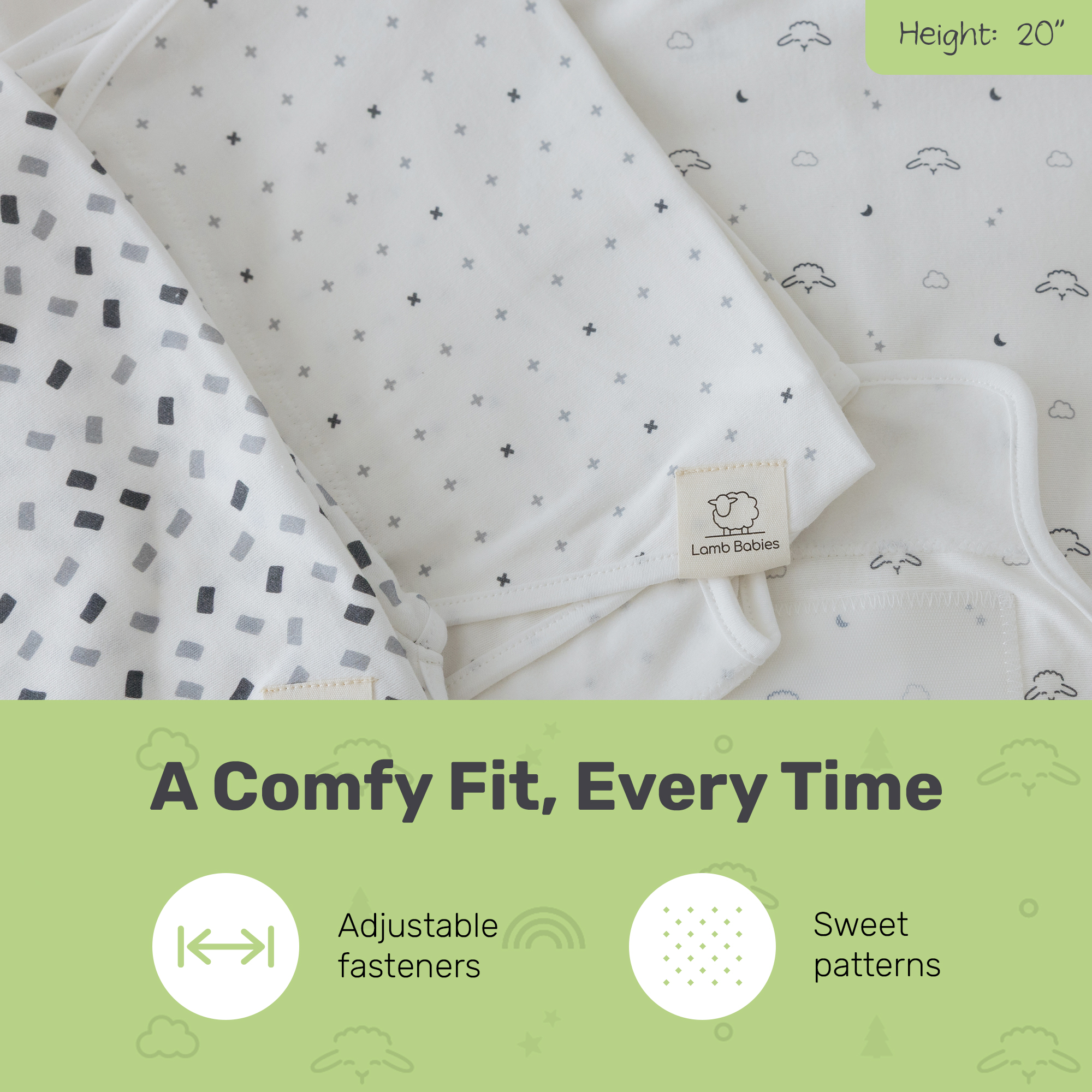 Patterned swaddle wraps above a size and features panel: 20 inch height, adjustable fasteners
