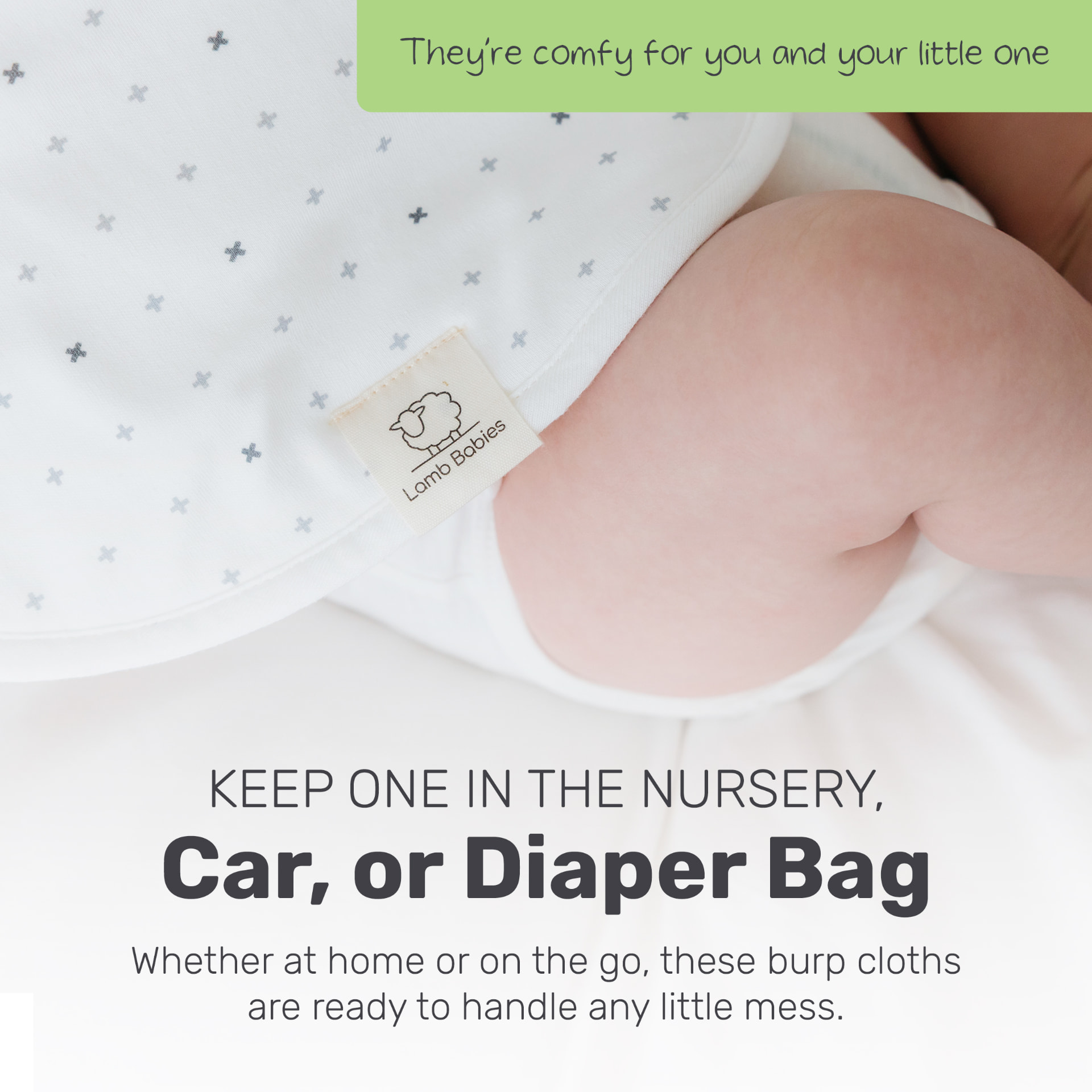 Lamb Babies Posh Burp Cloth crosses print close-up with the brand tag