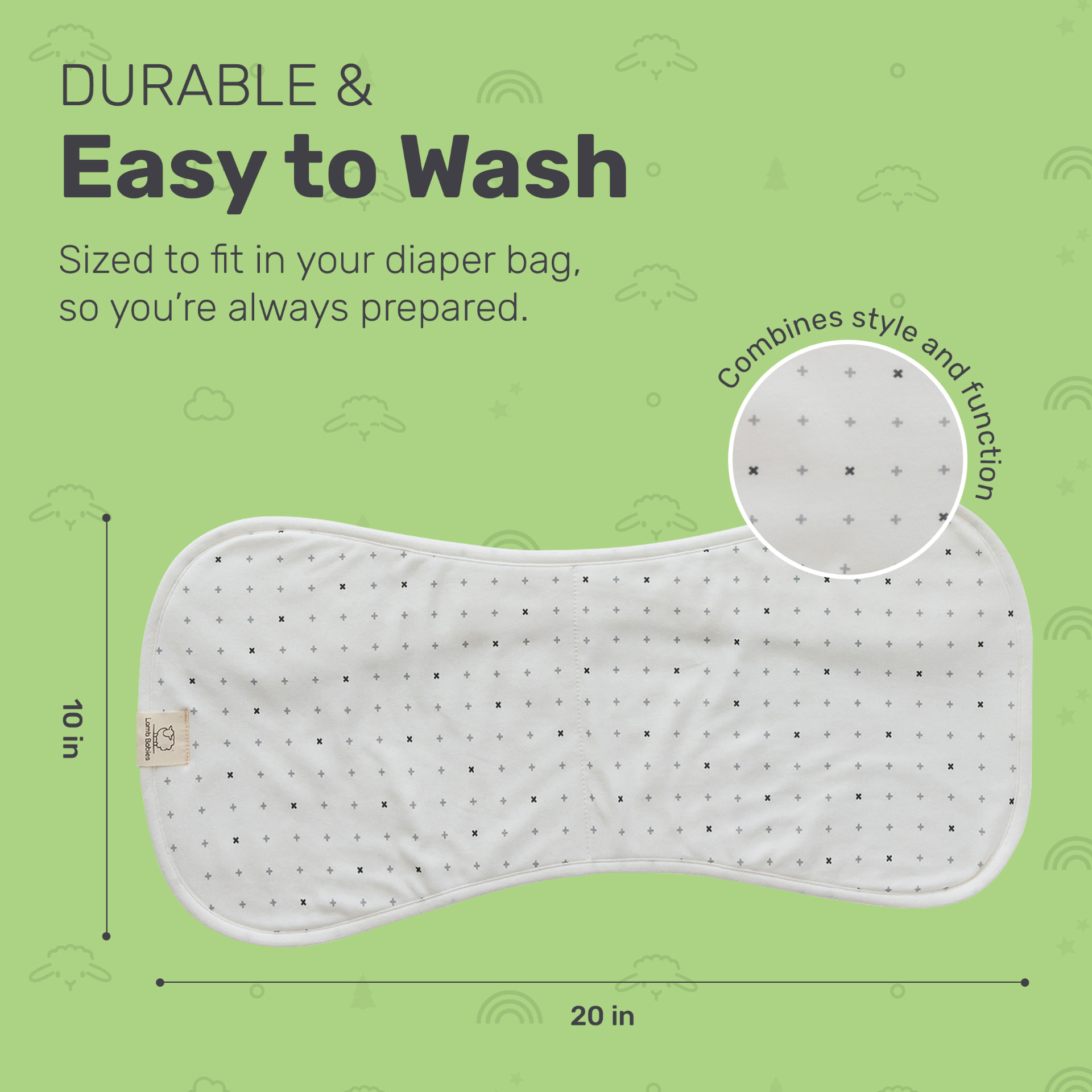 Lamb Babies Posh Burp Cloth pattern, flat lay showing the 10 by 20 inch size