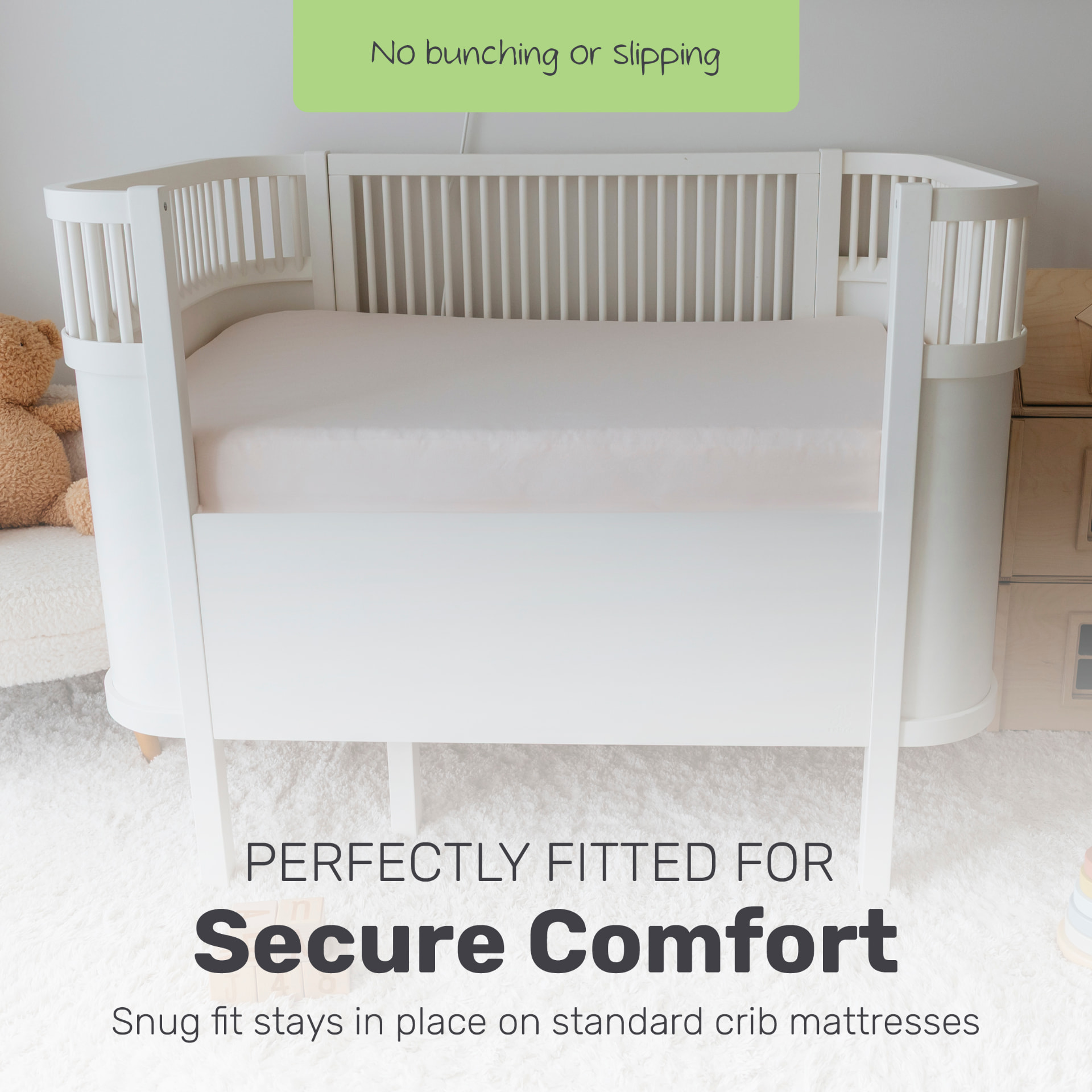 Lamb Babies comfort fitted crib sheet in pattern, fitted on a mattress in a nursery crib