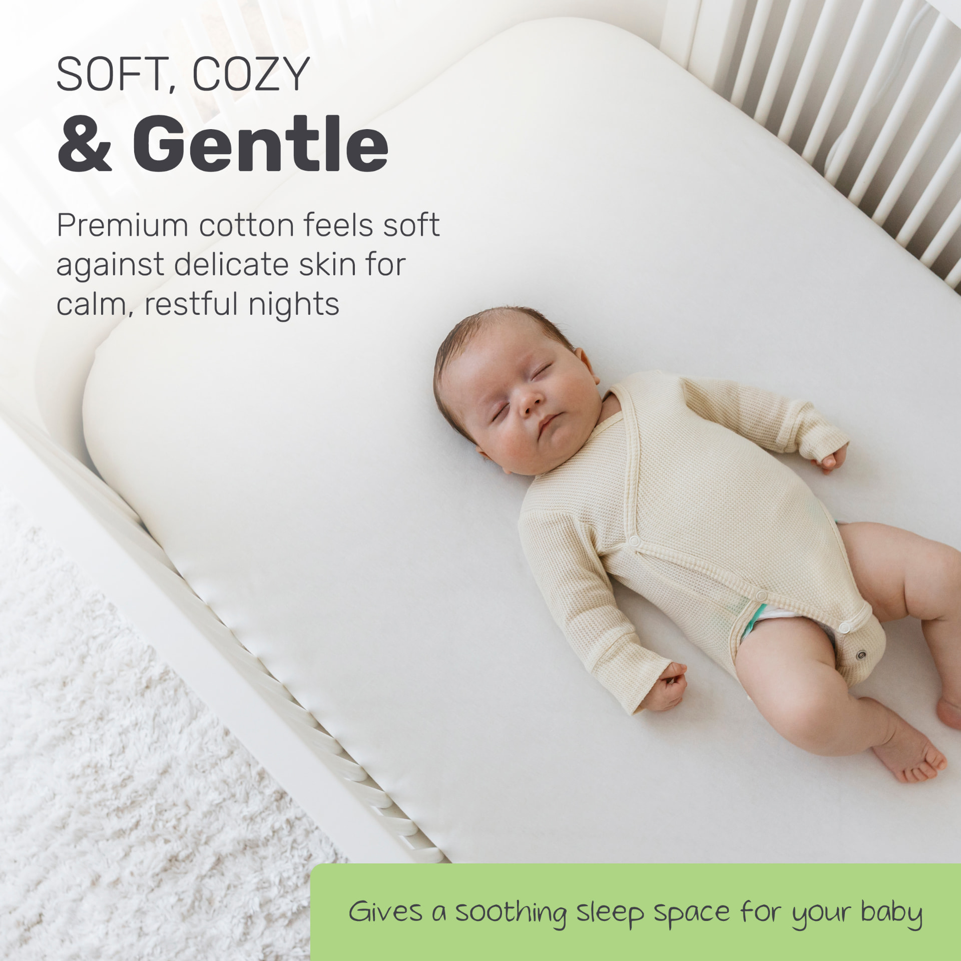 Lamb Babies comfort fitted crib sheet in pattern, baby sleeping in a white crib
