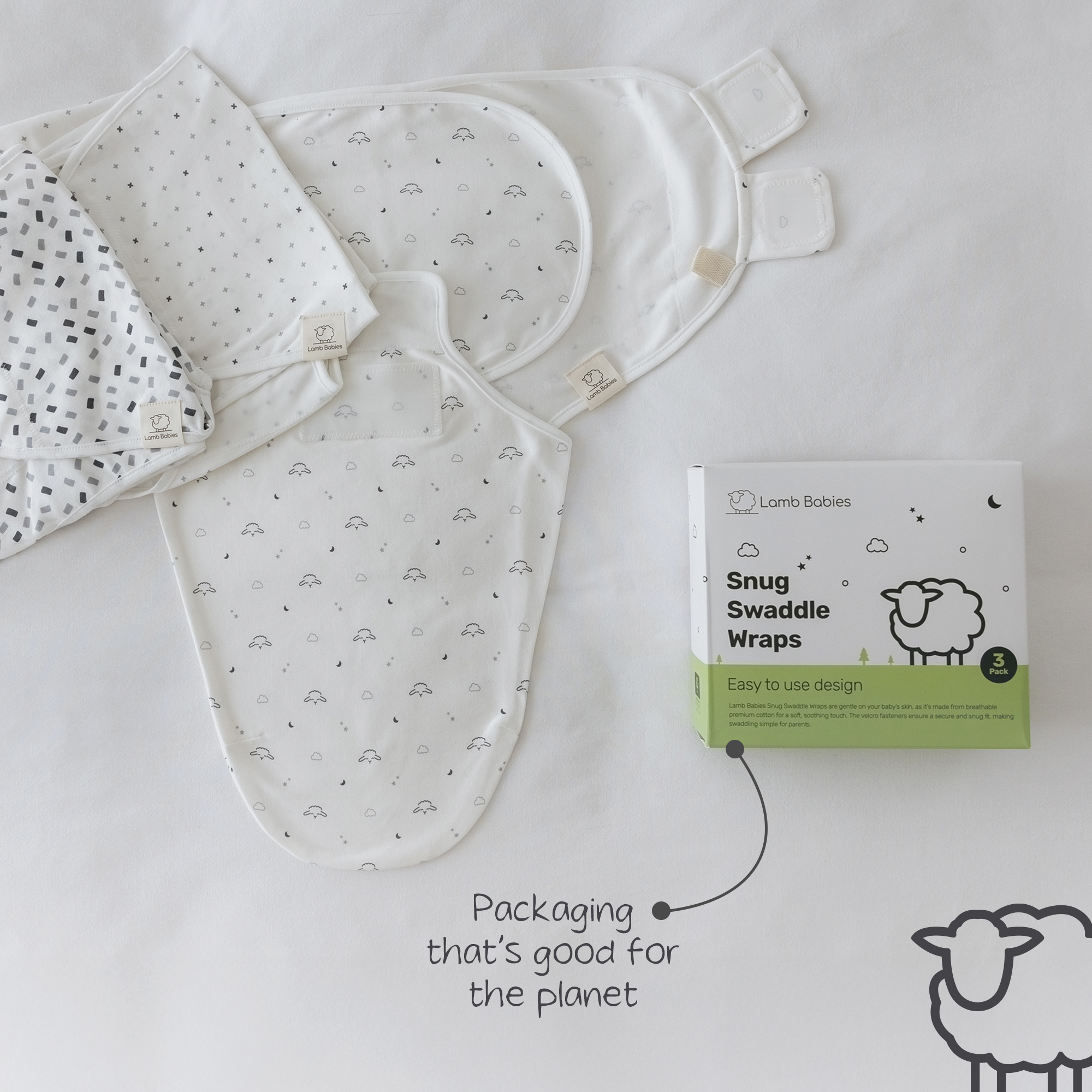 Three patterned swaddle wraps beside their Lamb Babies packaging box